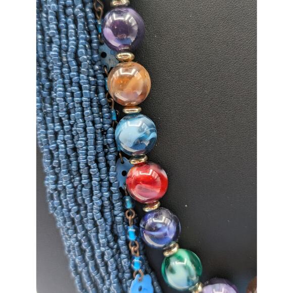 Three Piece Blue Vintage Tribal Boho Look Necklace Layered Lot - Picture 3 of 9